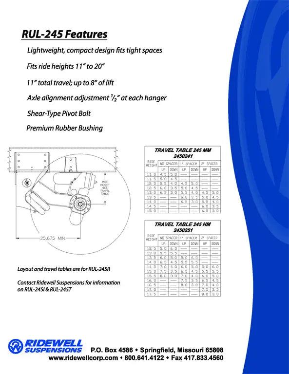 Ridewell RUL-245 Non-Steerable Auxiliary Axle Suspension Ridewell Suspensions